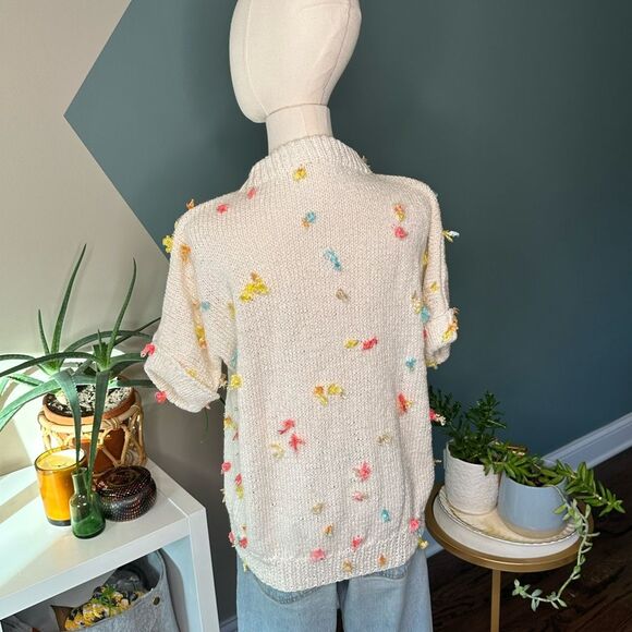 Vintage 80s Speckled Confetti Textured Knit Sweater Short Sleeve Mock Neck S/M - Picture 5 of 10